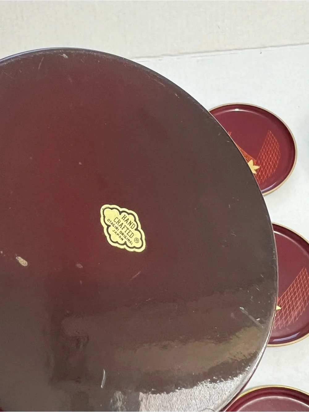 Otagiri Japan Vintage Set Of 6 Maroon Gold Leaf Coasters With Storage
